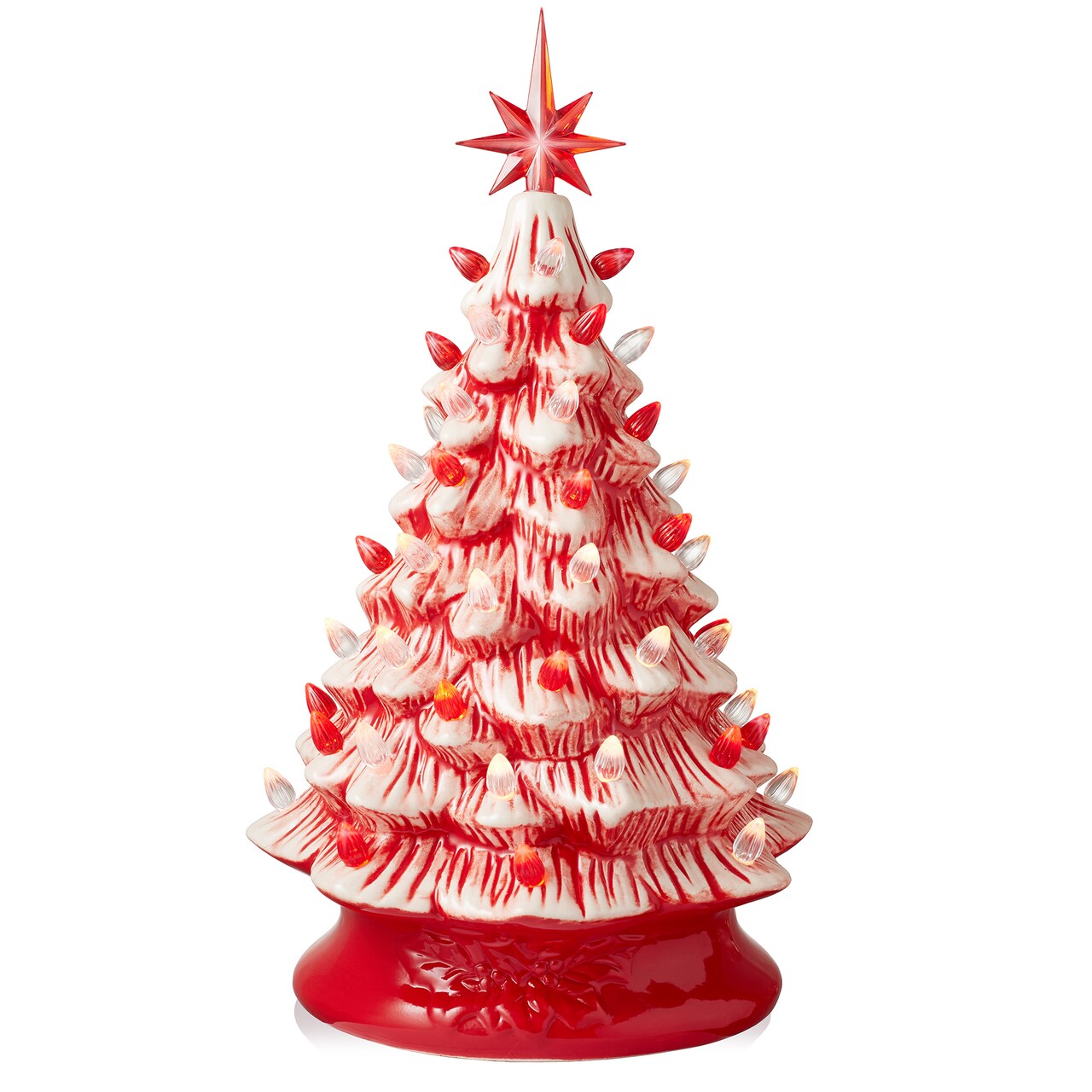 Casafield Hand Painted Ceramic Christmas Tree, Red and White Peppermint 15-Inch Pre-Lit Tree with 128 Red and Clear Lights, 2 Star Toppers